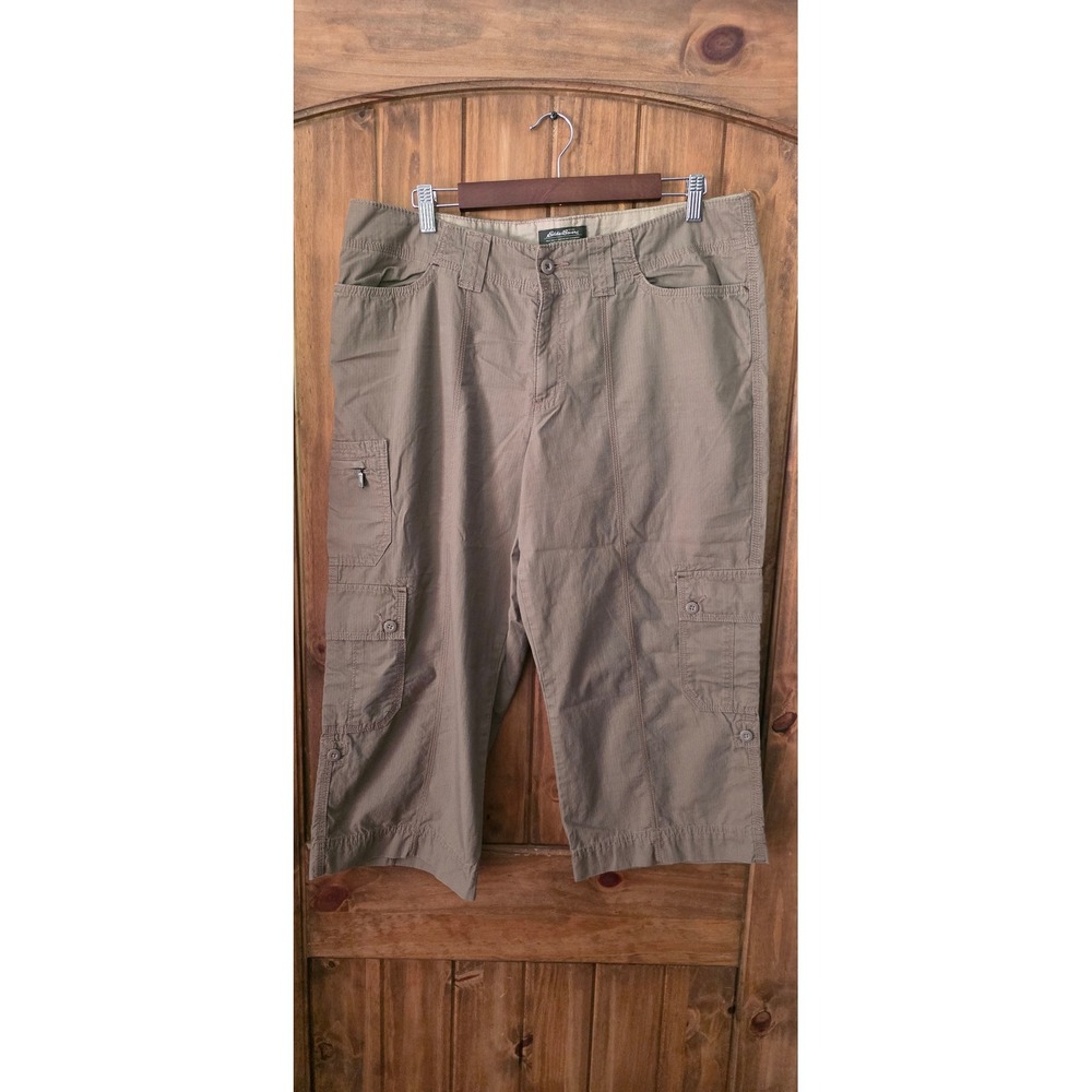 Eddie Bauer Cargo Capri Pants Womens 14 Brown Excellent Organic Cotton Ripstop